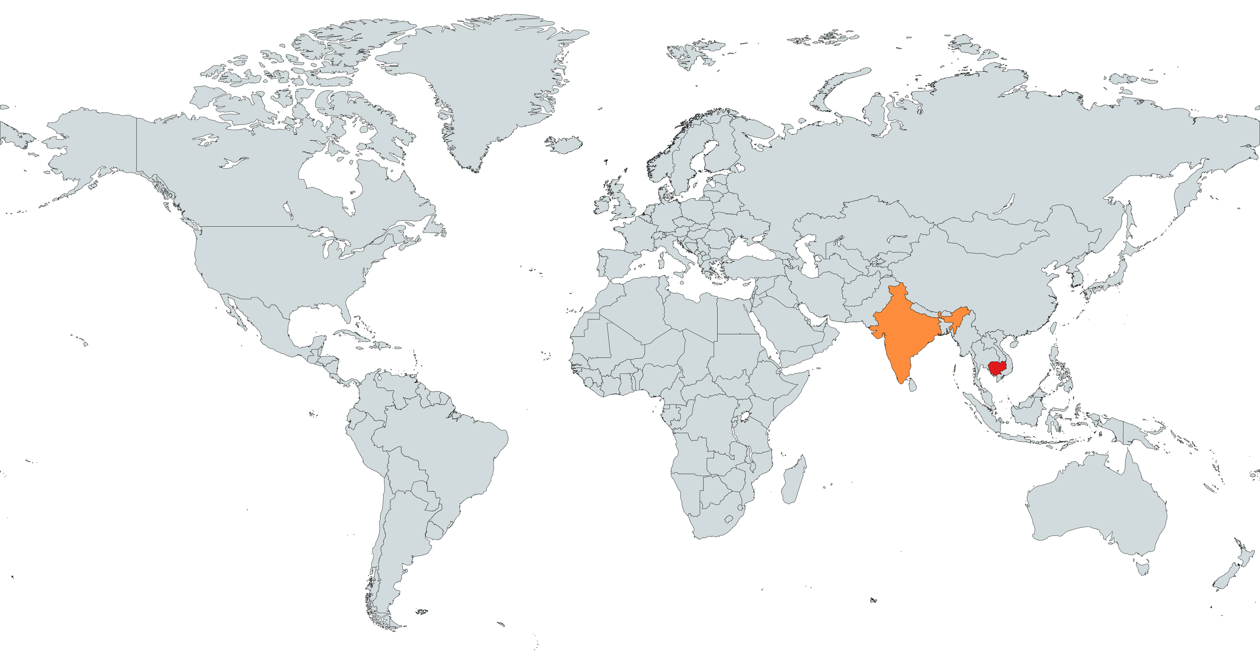 World map highlighting India in orange and Bangladesh in red.