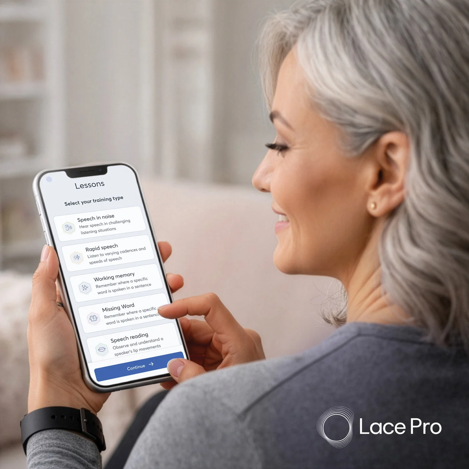 Woman using LACE AI Pro on her phone