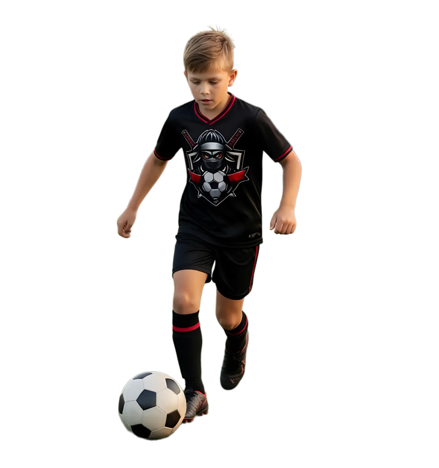 A boy playing soccer, dressed in black sportswear with a ninja-themed design, dribbling a soccer ball.