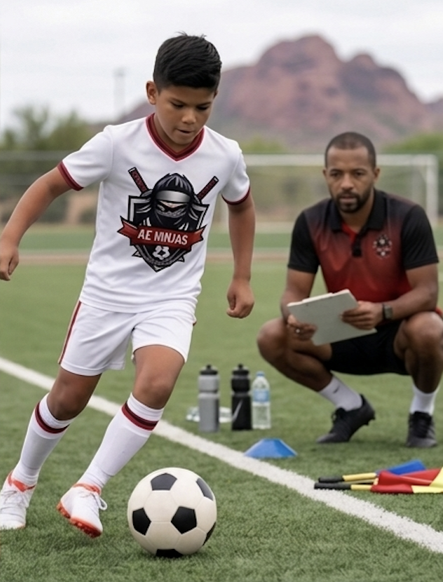 Young boy playing soccer on field, wearing a white jersey with a ninja logo and red accents, with a coach or trainer kneeling nearby taking notes, surrounded by water bottles and training equipment.