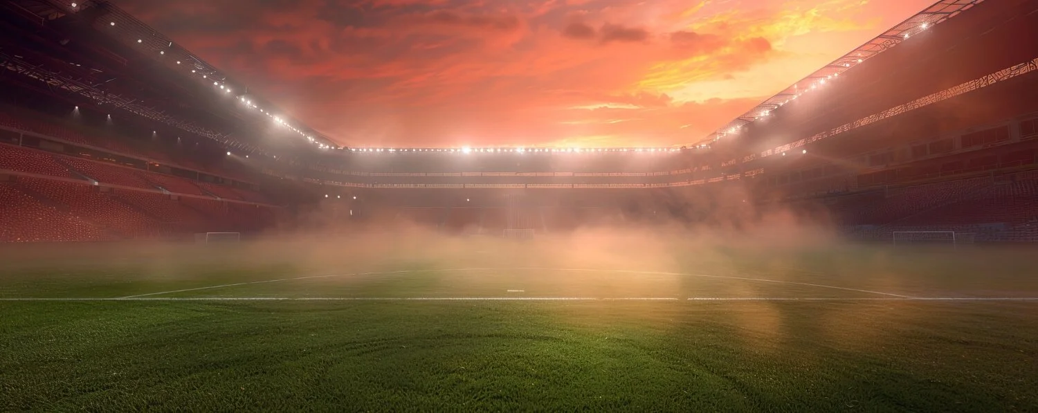 Empty soccer stadium with fog on the field, illuminated by bright stadium lights at sunset.
