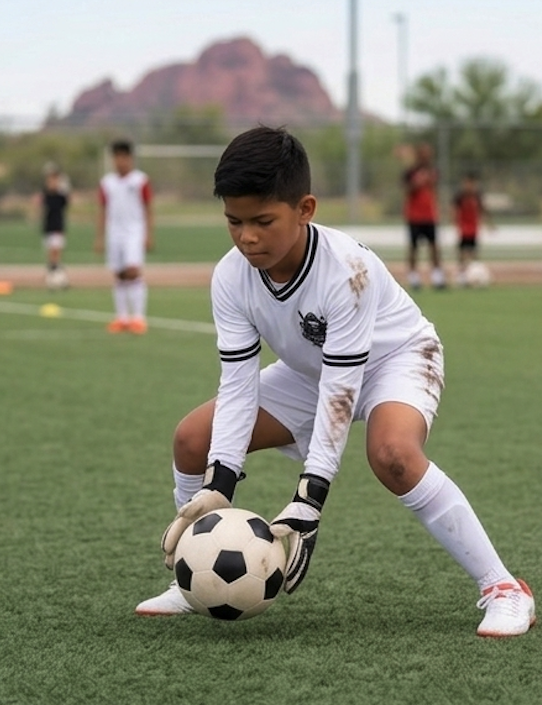 Young boy in white soccer uniform with black stripes on sleeves, wearing goalkeeper gloves, playing soccer on a grassy field, with other children and a mountain in the background.
