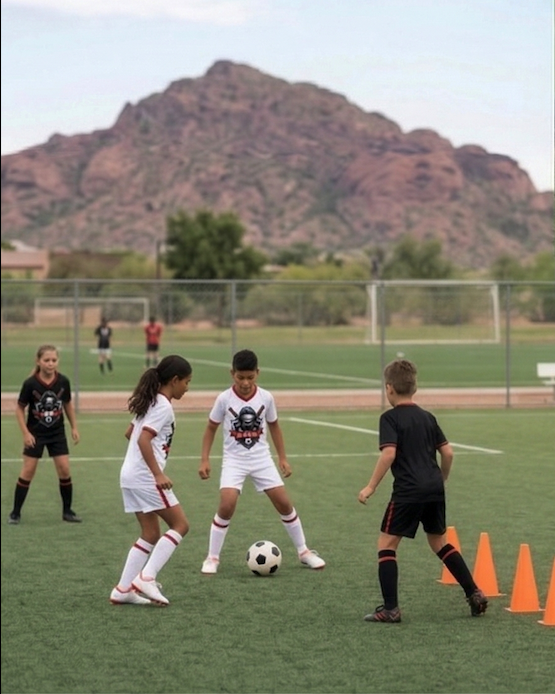 Children playing soccer on a field with mountains in the background, some children are dribbling and practicing near orange cones.