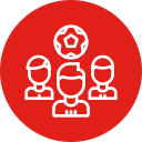 Icon of three people with a gear above them, representing teamwork or collaboration.