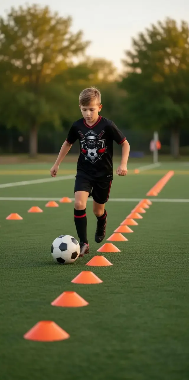 Young boy in black soccer jersey and shorts practicing dribbling around orange cones on a soccer field with trees in the background.