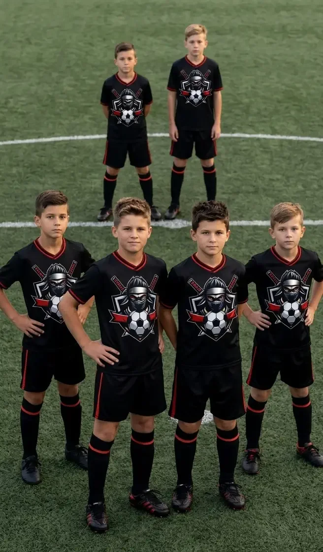 Six young boys in black soccer uniforms with a ninja and soccer ball graphic on the shirts, standing on a soccer field.