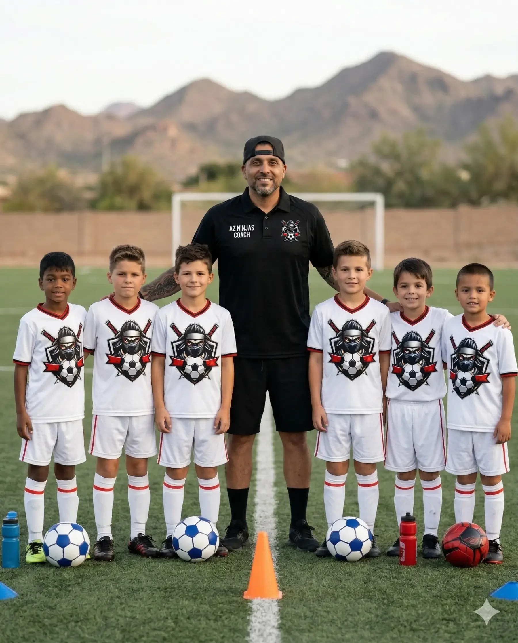 A coach and six young boys in soccer uniforms standing on a soccer field, with a mountain landscape in the background.