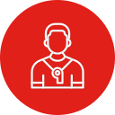 Icon of a healthcare professional wearing a stethoscope against a red background.