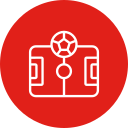 Red circular logo with a stylized white emblem resembling a tree or plant with a circular top and symmetrical design.