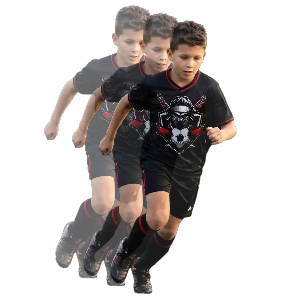 Three young boys running in athletic uniforms, in a staggered formation, against a black background.