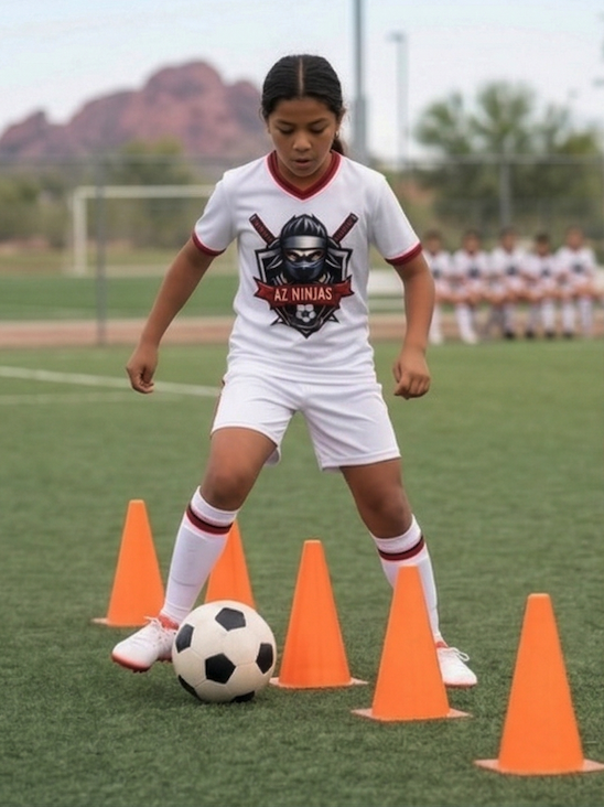 A young girl in a soccer uniform practicing dribbling a soccer ball around orange cones on a soccer field.