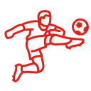 Red line drawing of a person playing soccer with a ball