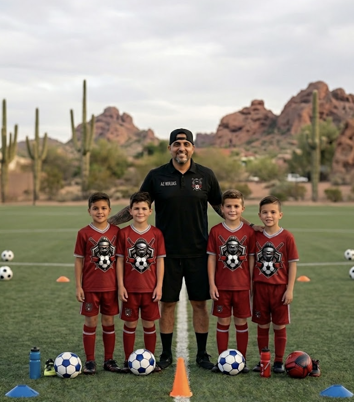 A soccer coach standing behind four young boys on a soccer field with desert mountains and cacti in the background. The boys are in red soccer uniforms and are standing behind soccer balls and water bottles.