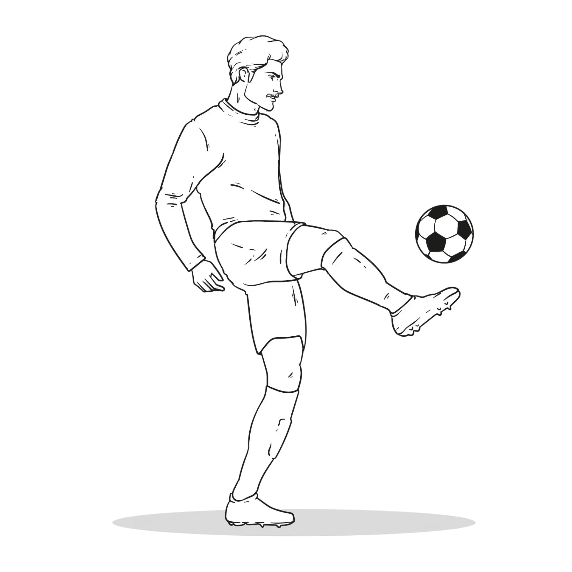 Outline drawing of a man playing soccer, balancing on one foot while kicking a soccer ball.