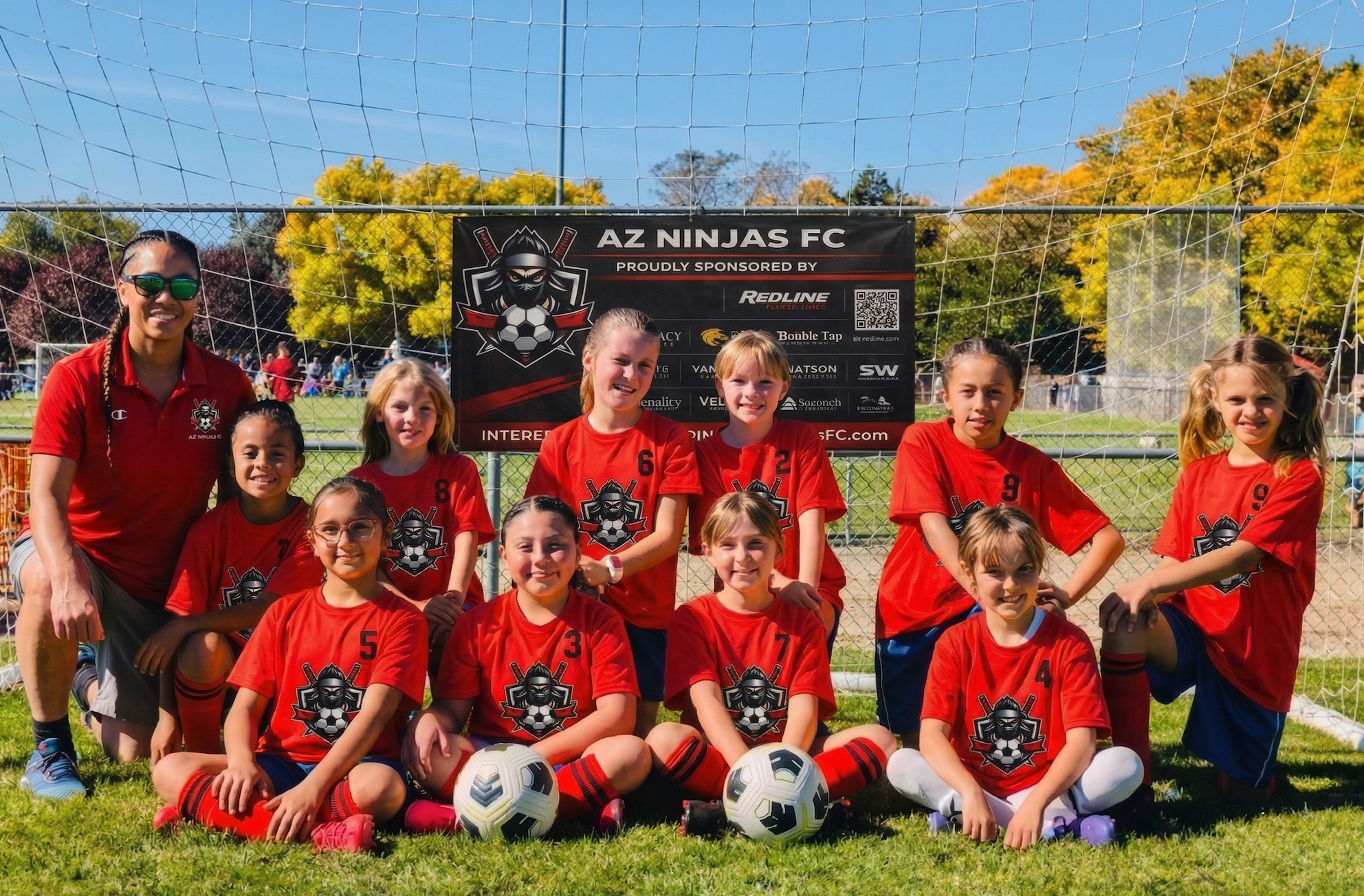 A youth girls soccer team of ten girls and their coach posing outdoors on a soccer field with a goalpost, with trees and a crowd of people in the background, wearing red uniforms with a ninja-themed logo.