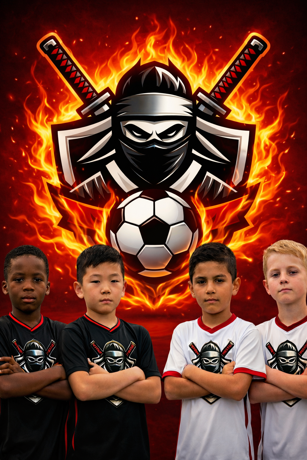 Four young boys wearing soccer uniforms with a ninja-themed logo, standing with crossed arms in front of a fiery graphic featuring a ninja with two crossed swords and a soccer ball, creating an intense sports team or gaming vibe.