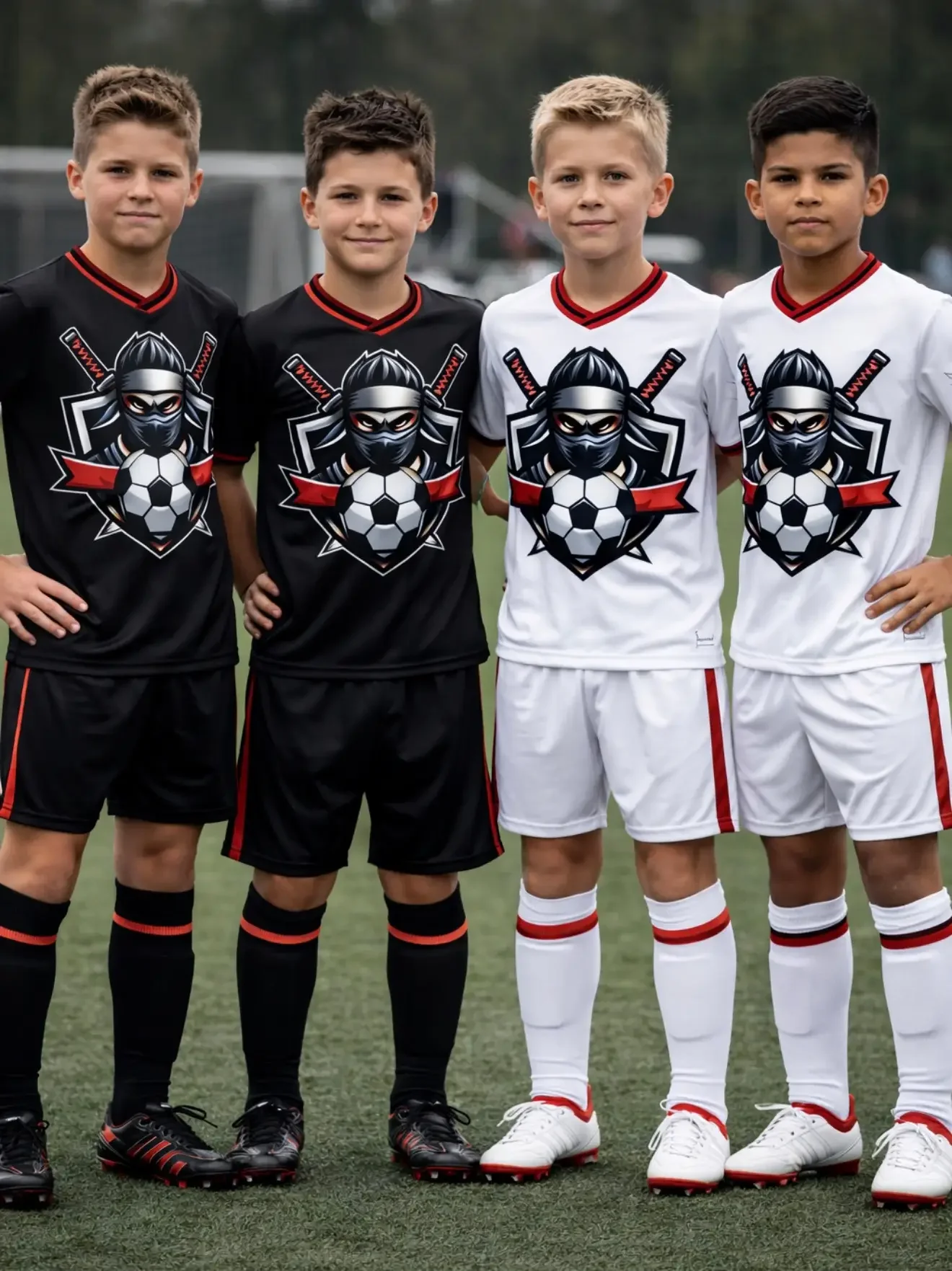 Four young boys in soccer uniforms standing on a soccer field with their arms around each other's shoulders.