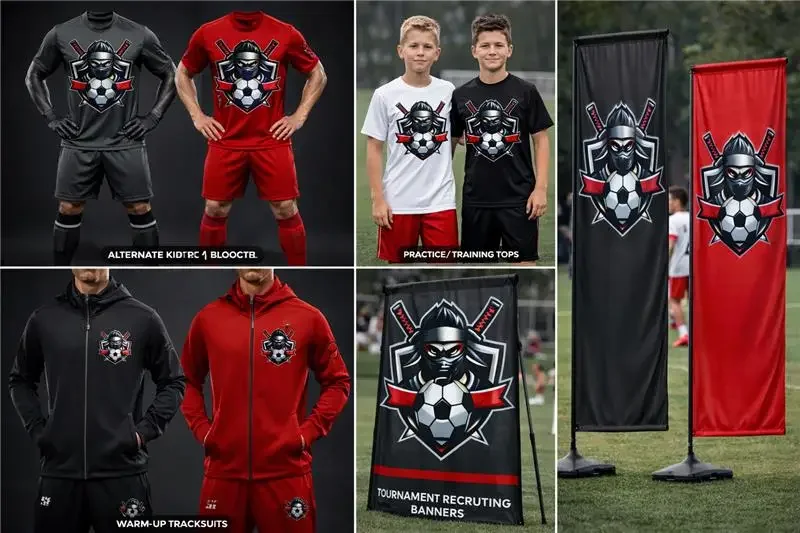 Soccer team apparel and promotional banners featuring a stylized graphic of a masked figure with crossed baseball bats and a soccer ball, including practice tops, warm-up tracksuits, and tournament recruiting banners, displayed on sports fields.