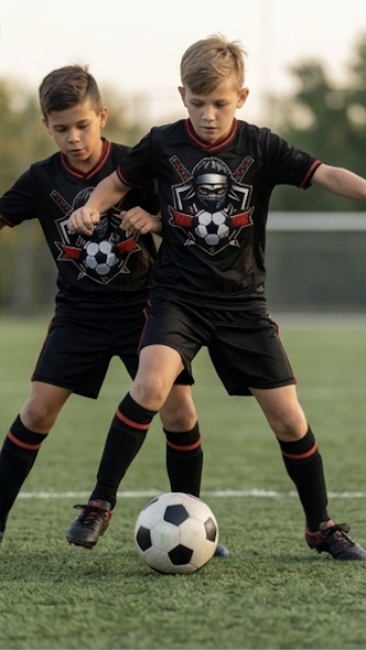 Two young boys in soccer uniforms playing soccer on a field.
