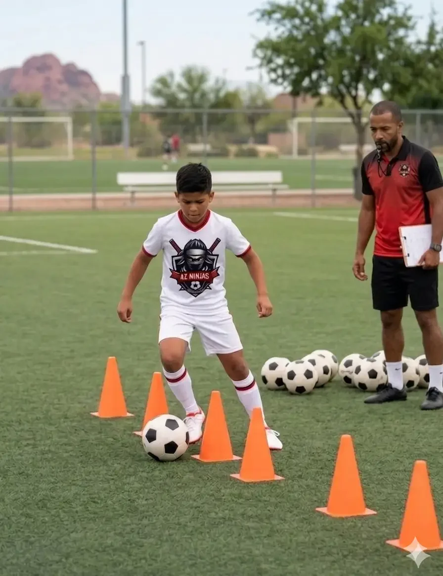 A young soccer player practicing dribbling skills through orange cones on a soccer field with a coach observing nearby. The boy is wearing a white AZ NINJAS jersey and white shorts. Several soccer balls are on the ground behind them, and the background includes a fence, trees, and a goal post.