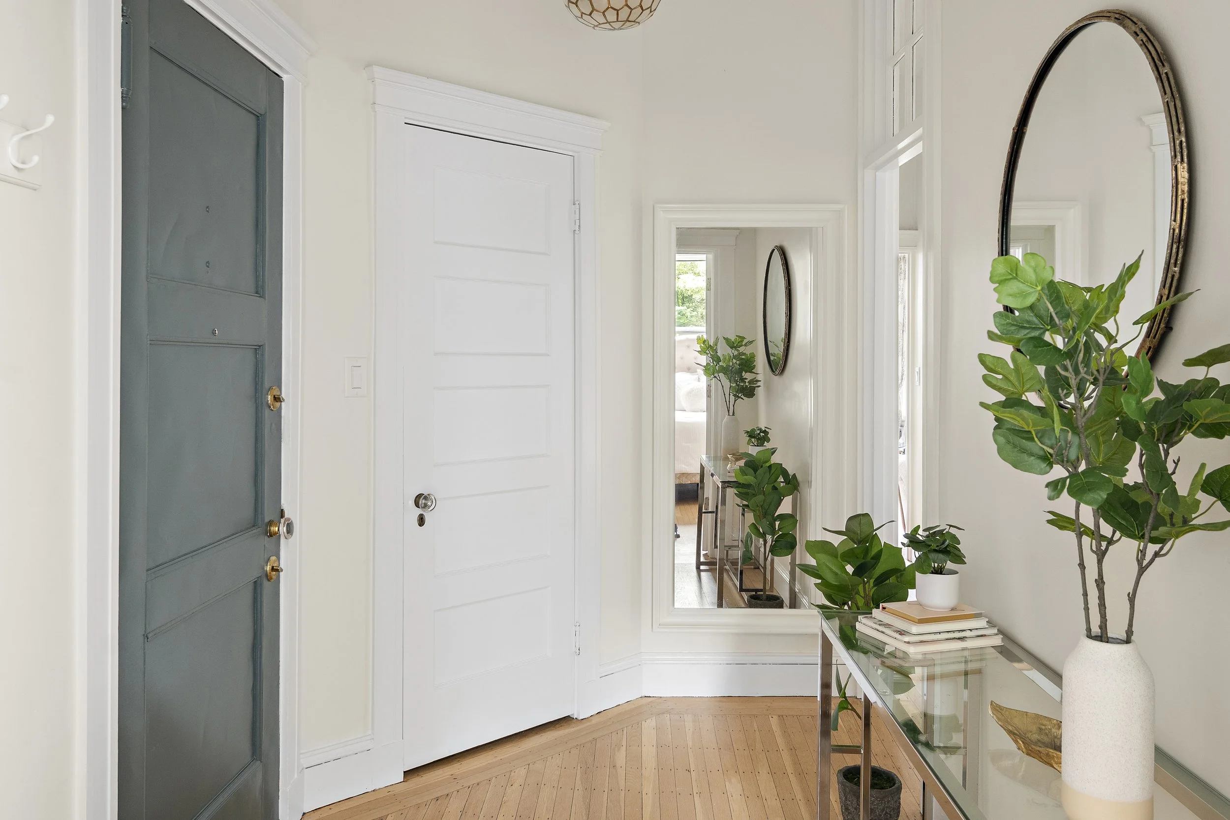 Entryway with a green front door, white walls, a large mirror, and potted plants on a glass table.
