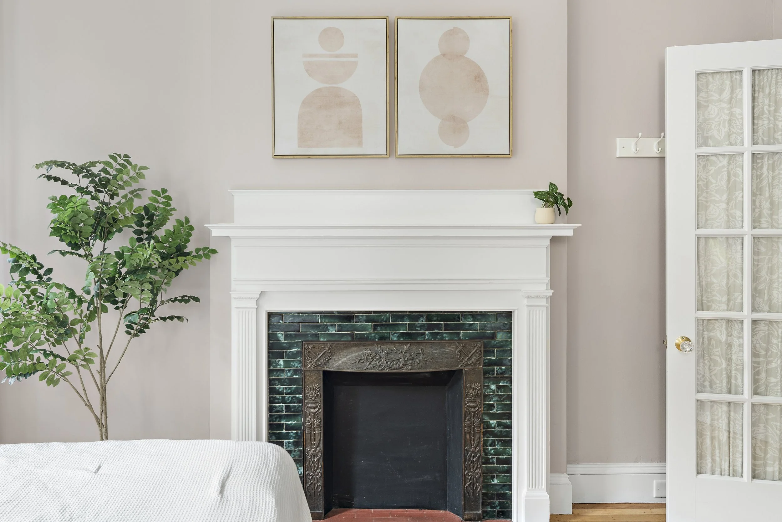 Living room with a white fireplace, artwork above it, potted plants on the mantel, a nearby door with glass panes, and a green leafy plant to the left.