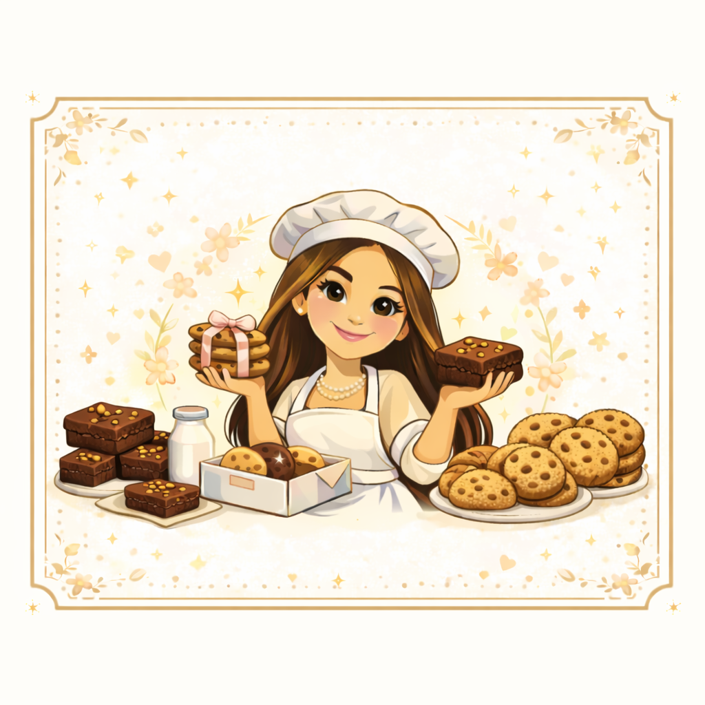Cartoon woman wearing a chef's hat and apron, holding cookies, surrounded by baked goods including brownies, cookies, and a bottle of milk, with floral and starry background.
