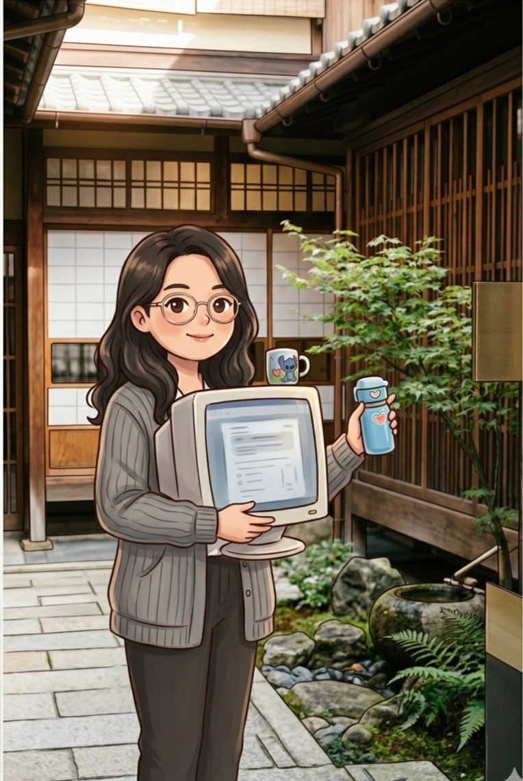 A woman with glasses and long wavy black hair holding a vintage computer monitor, a mug with a Stitch design on it on her head, and a blue water bottle with a heart sticker in an outdoor Japanese-style garden with wooden structures, rocks, and ferns.