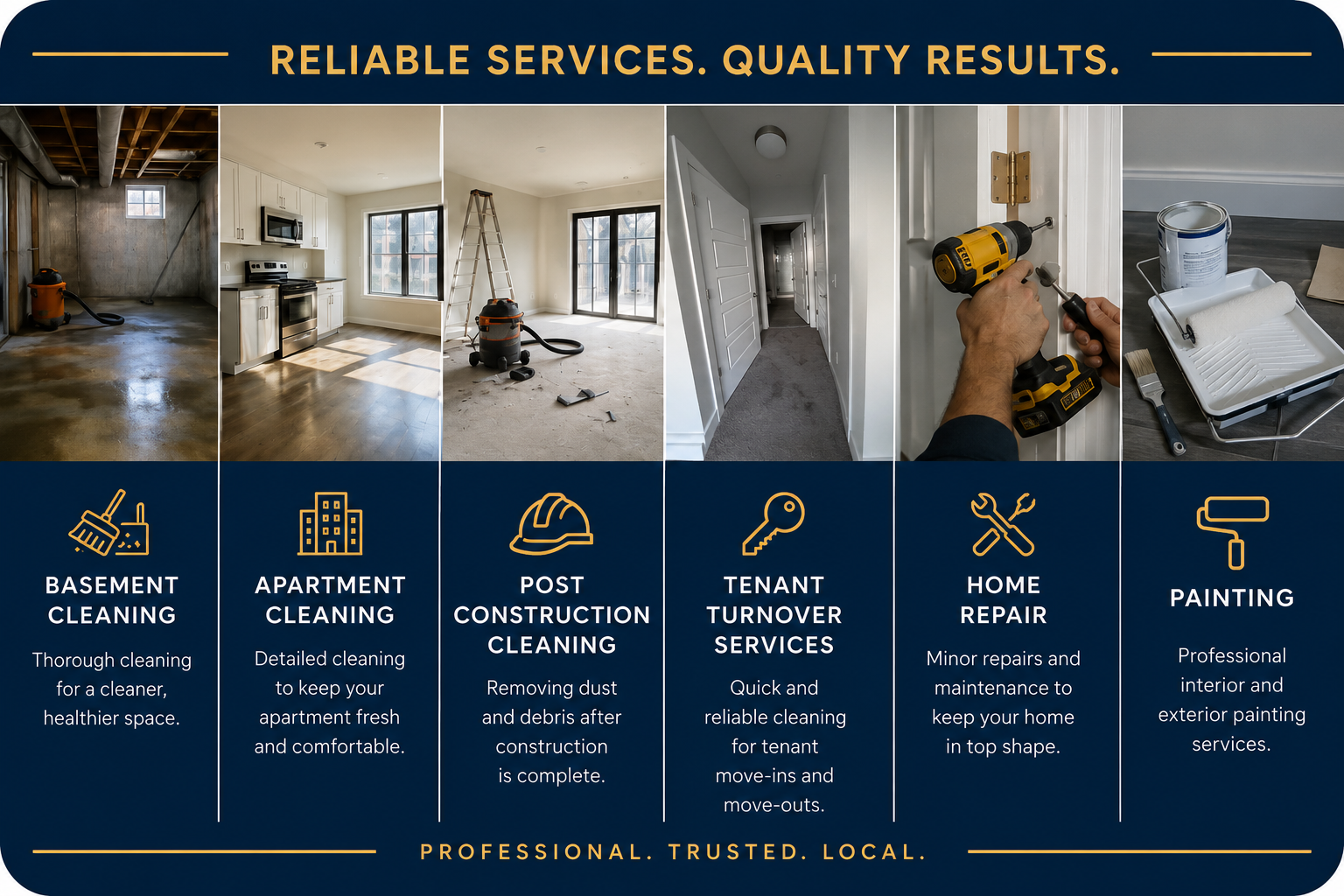 A promotional graphic for cleaning services showcasing six images of cleaning projects: a basement with cleaning equipment, an cleaned apartment kitchen, a room under construction with dust and debris, a hallway ready for tenant move-in, a person installing a door handle with a drill, and painting supplies. The text emphasizes reliability, quality, professionalism, trust, and local service with descriptions of services like basement cleaning, apartment cleaning, post-construction cleaning, tenant turnover services, home repair, and painting.