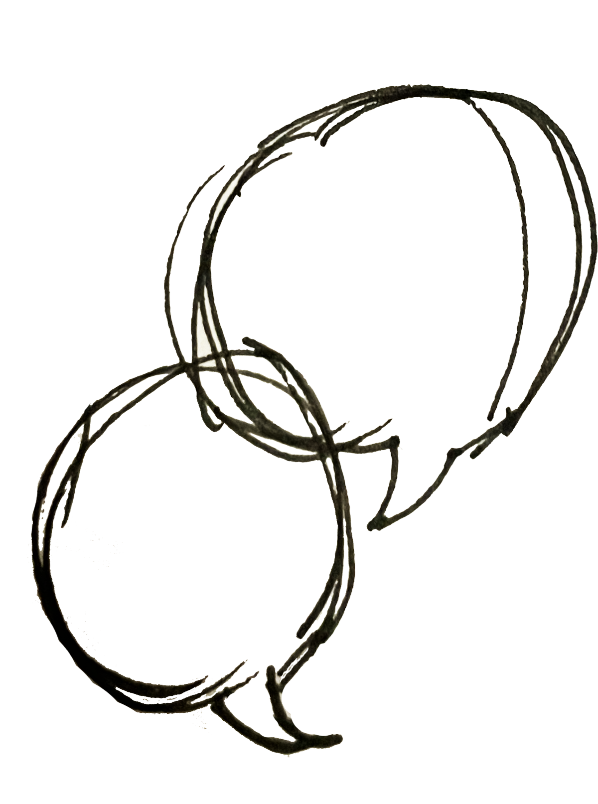 A loose, line work, hand drawn illustration of two interconnected speech bubbles