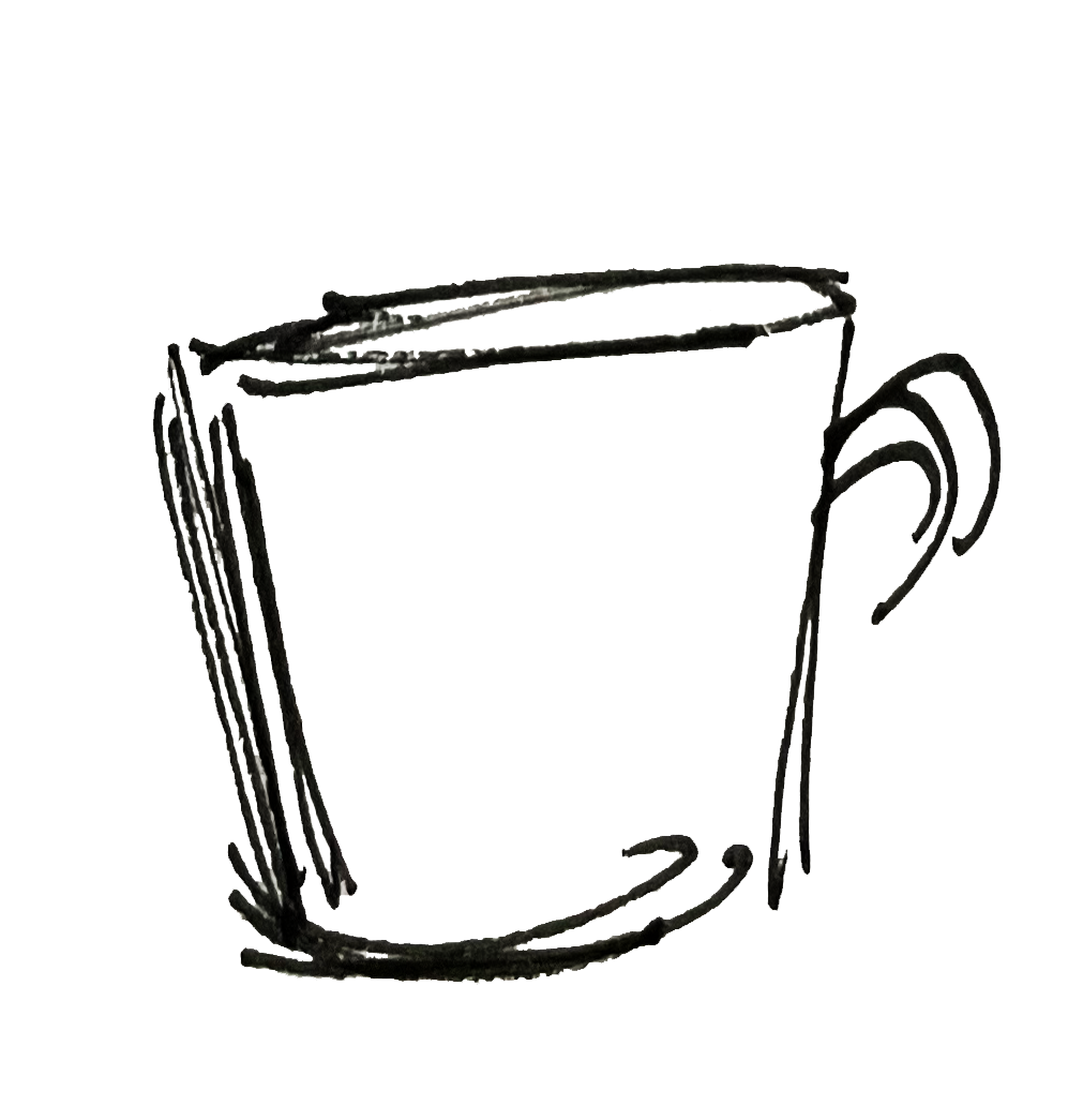 A loose, line work, hand drawn illustration of a coffee cup
