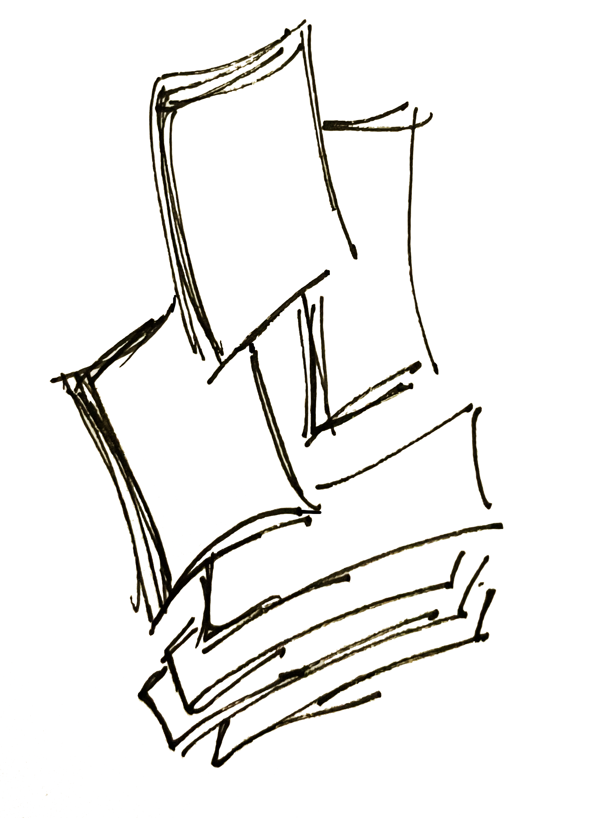 A loose, line work, hand drawn illustration of a stack of papers