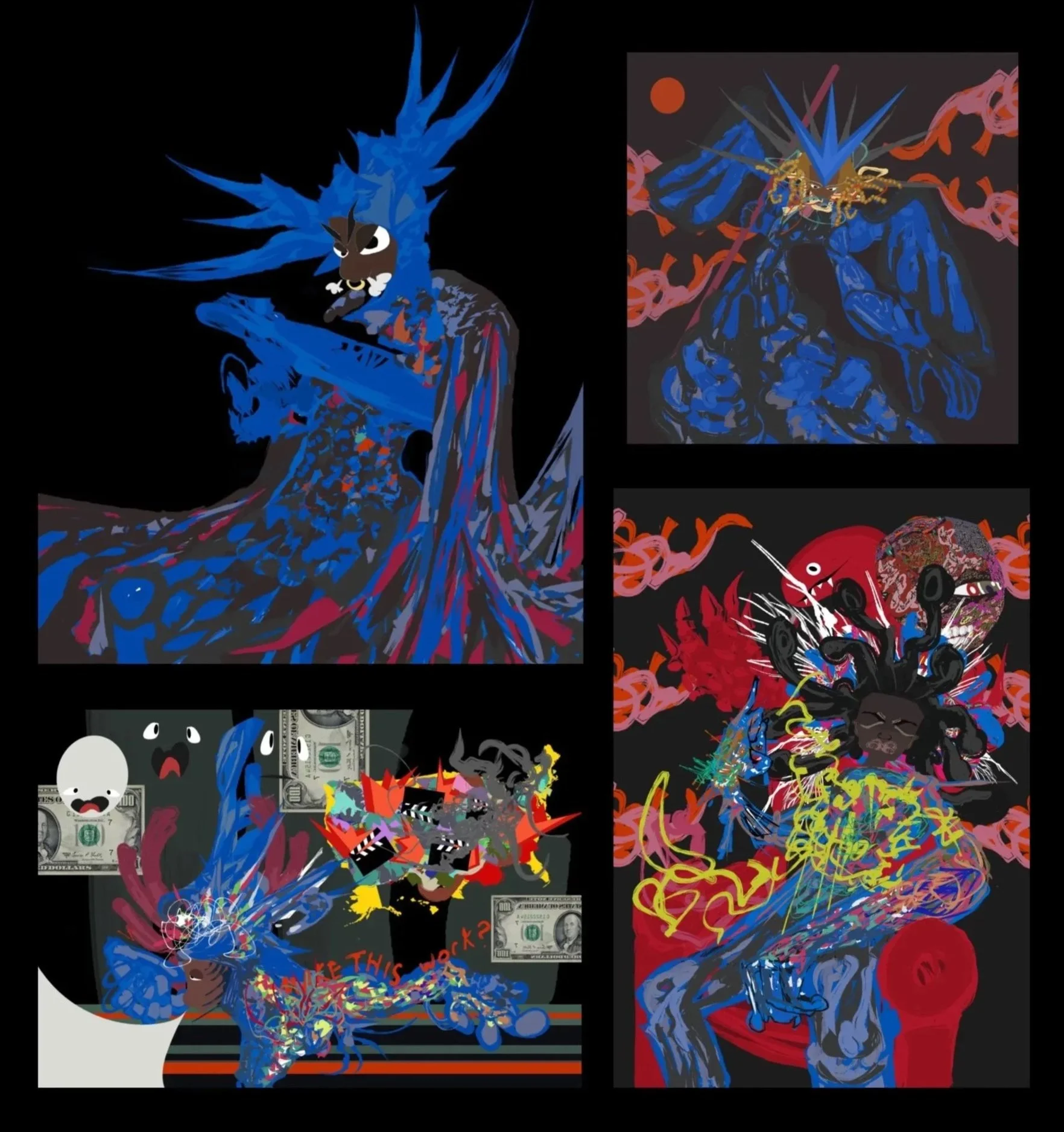 Digital collage featuring abstract and cartoonish characters and elements with a dark background. The collage includes a blue, spiky creature with an angry face, a red creature with sharp teeth, dollar bills, and colorful splashes of paint.