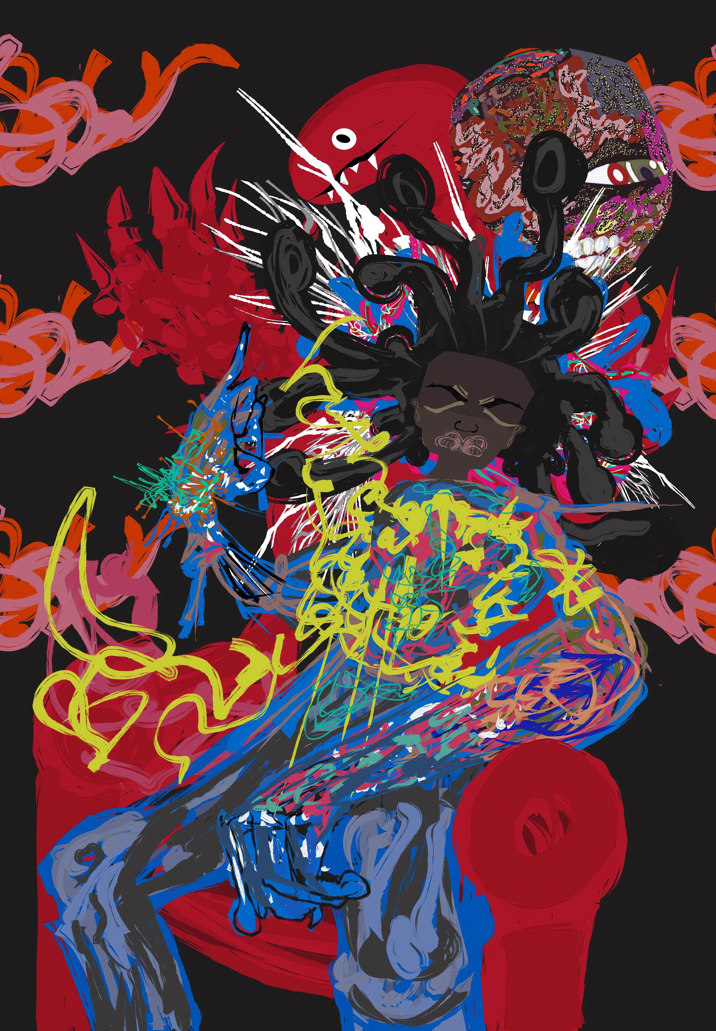 Abstract digital artwork featuring a woman's face with stylized hair, surrounded by vibrant and chaotic shapes and lines in red, yellow, blue, pink, and black, with cartoonish red and orange elements and a large multicolored sphere in the background.