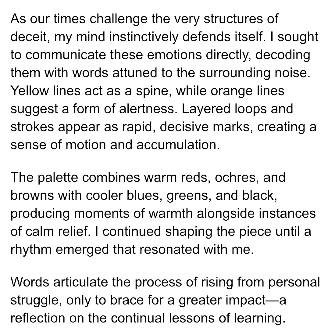 A block of text discussing emotions, colors, and personal growth, describing how colors and lines in art can convey feelings and moments of calmness, and reflecting on the process of learning and overcoming struggle.