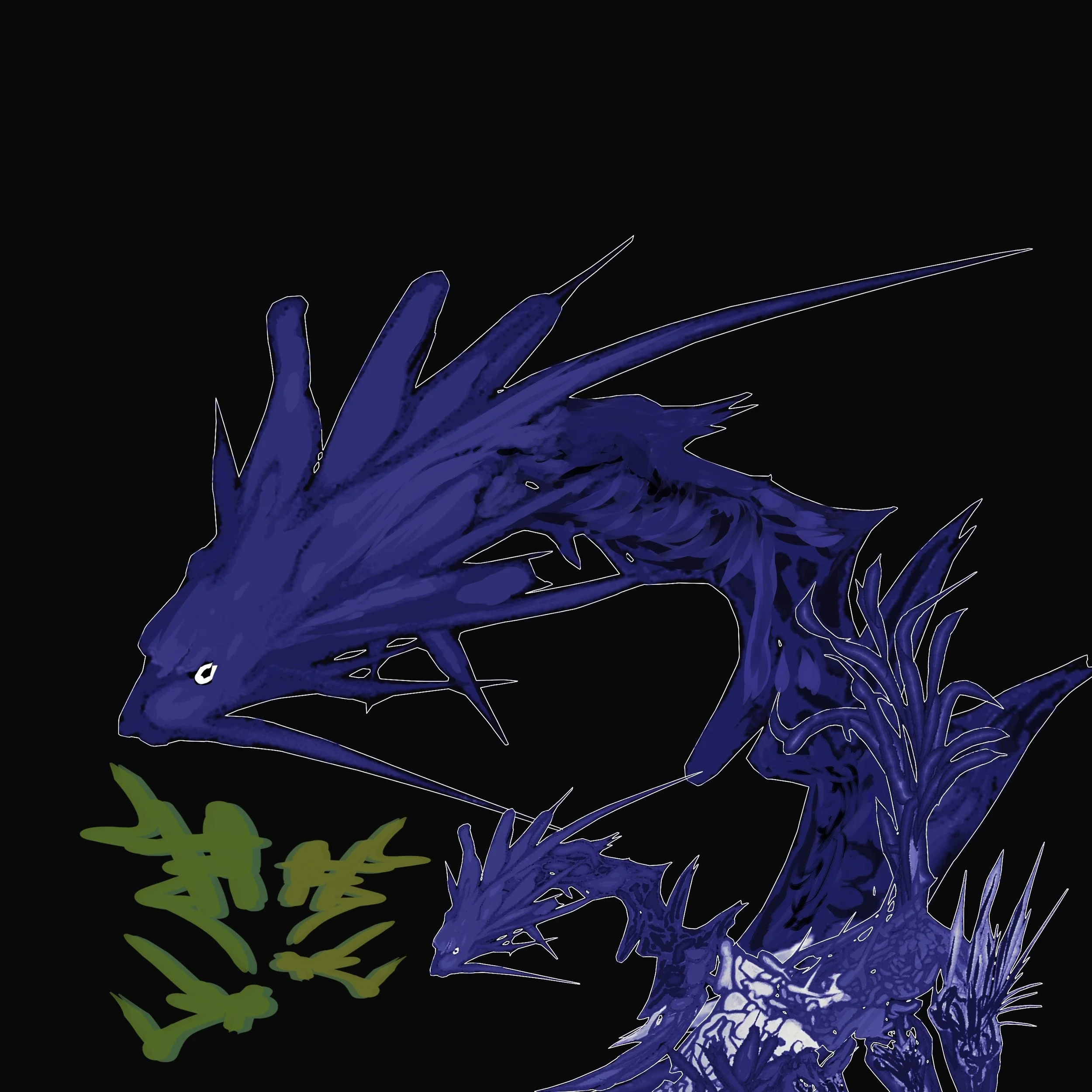A digital illustration of a purple dragon with spiky features on a black background, partially obscured by green and purple plants.