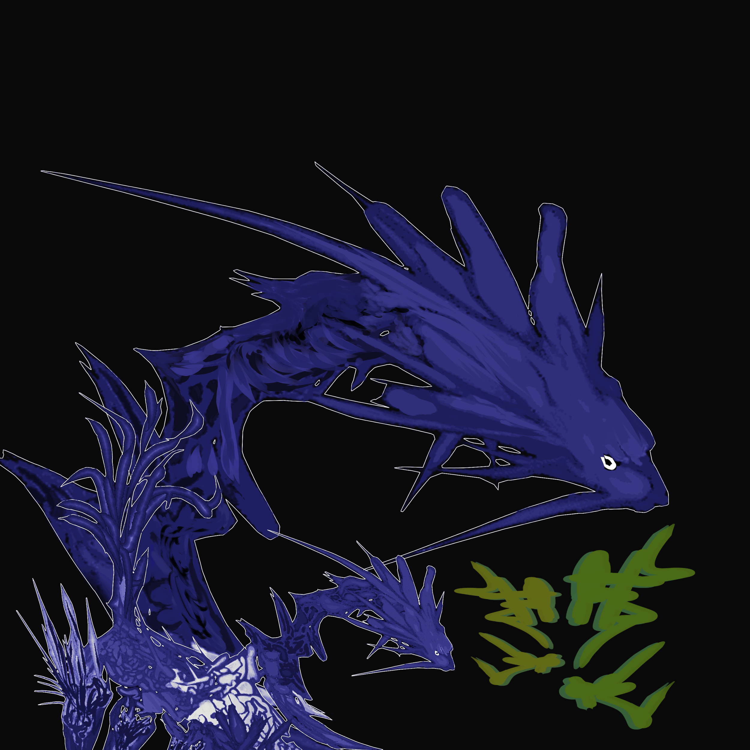 Digital illustration of a dragon with sharp, spiky features, in shades of blue and purple, set against a black background, with some green leaves visible on the right side.