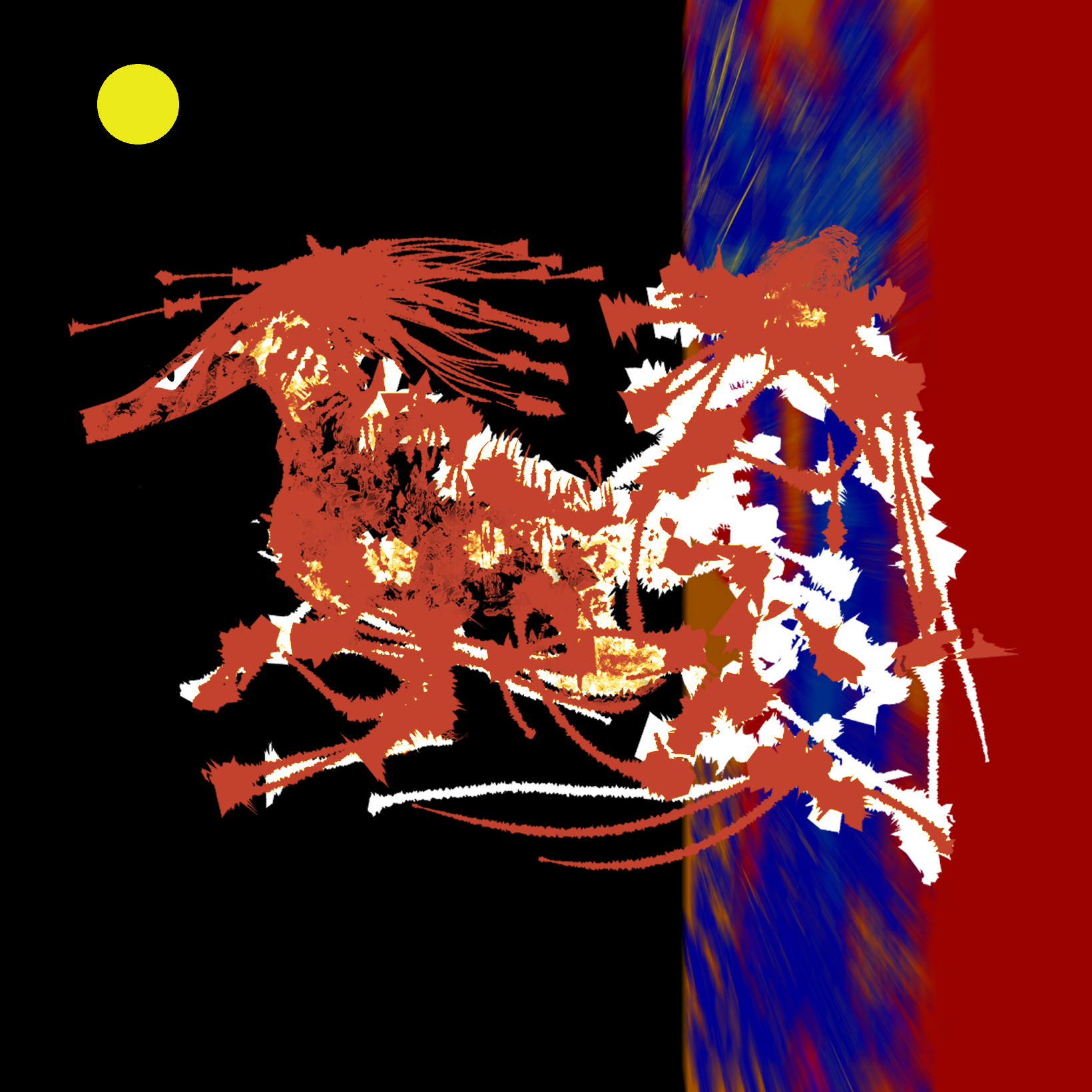 Abstract digital art featuring a stylized red dragon with orange hues against a black background, with a vertical streak of blue, red, and yellow colors on the right.