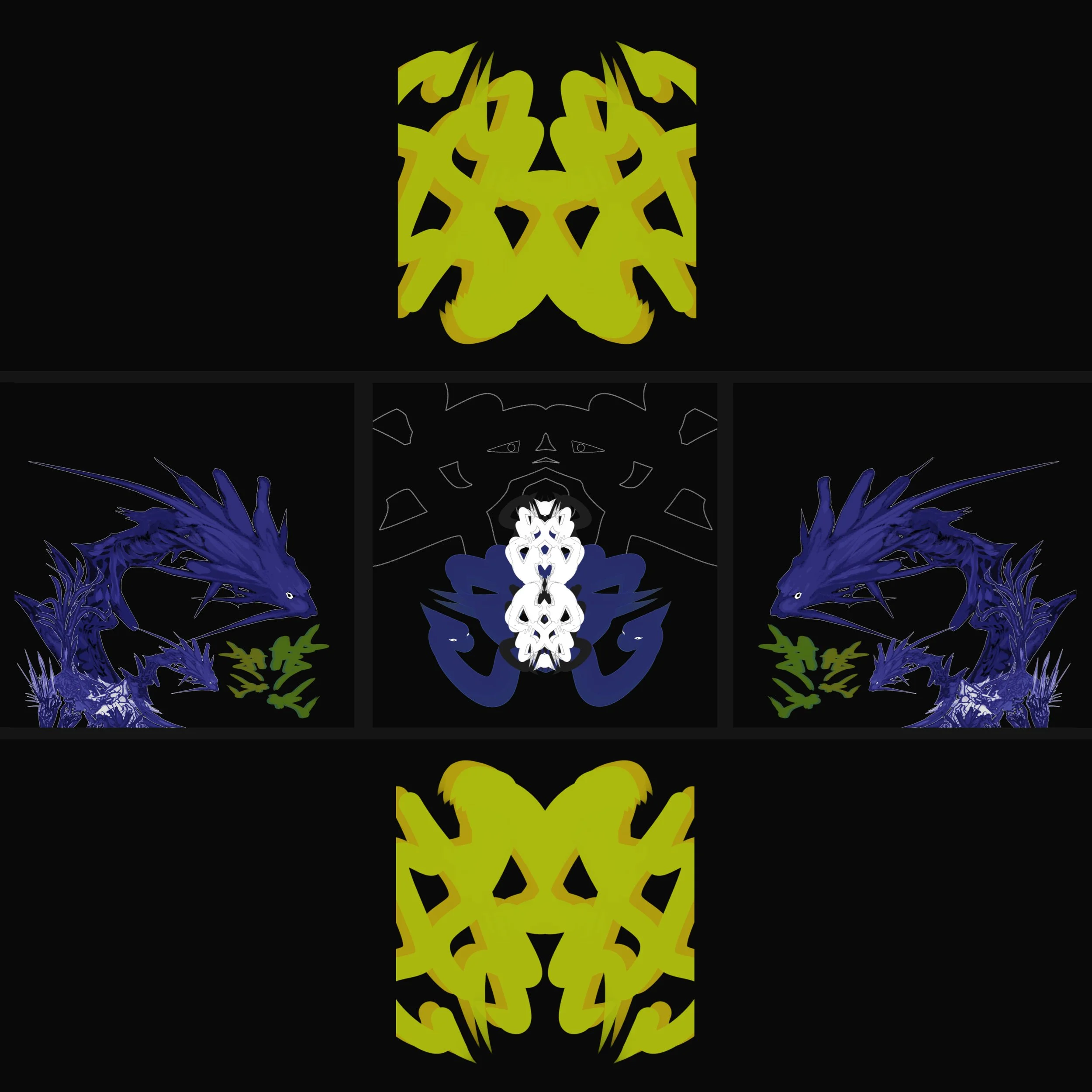 Abstract symmetrical design featuring a yellow creature or figure with black details and blue winged elements on a black background.