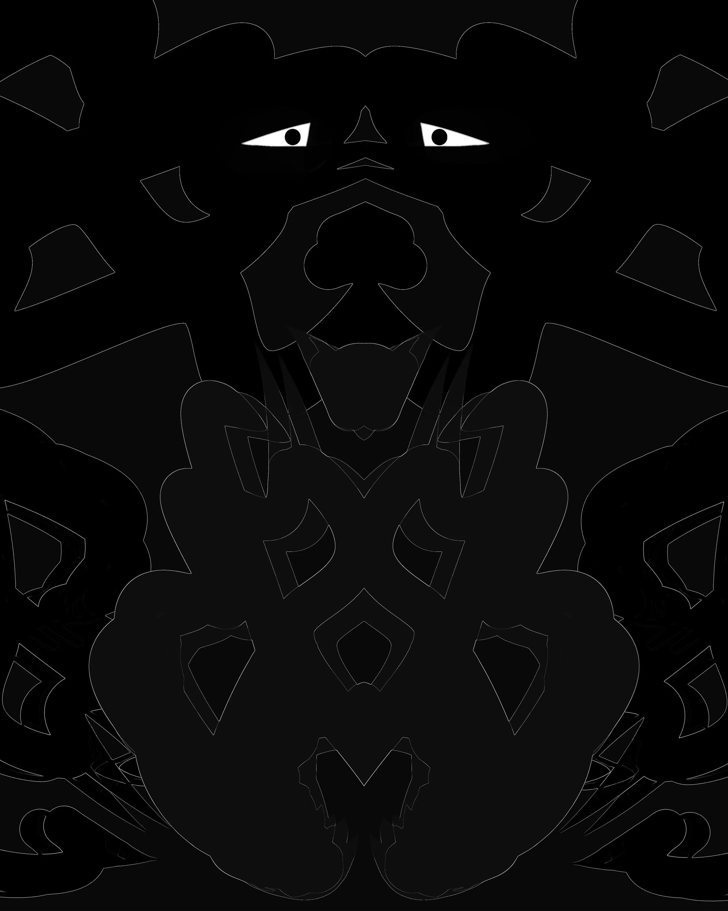 A black and white abstract line drawing of a butterfly with intricate symmetrical details.