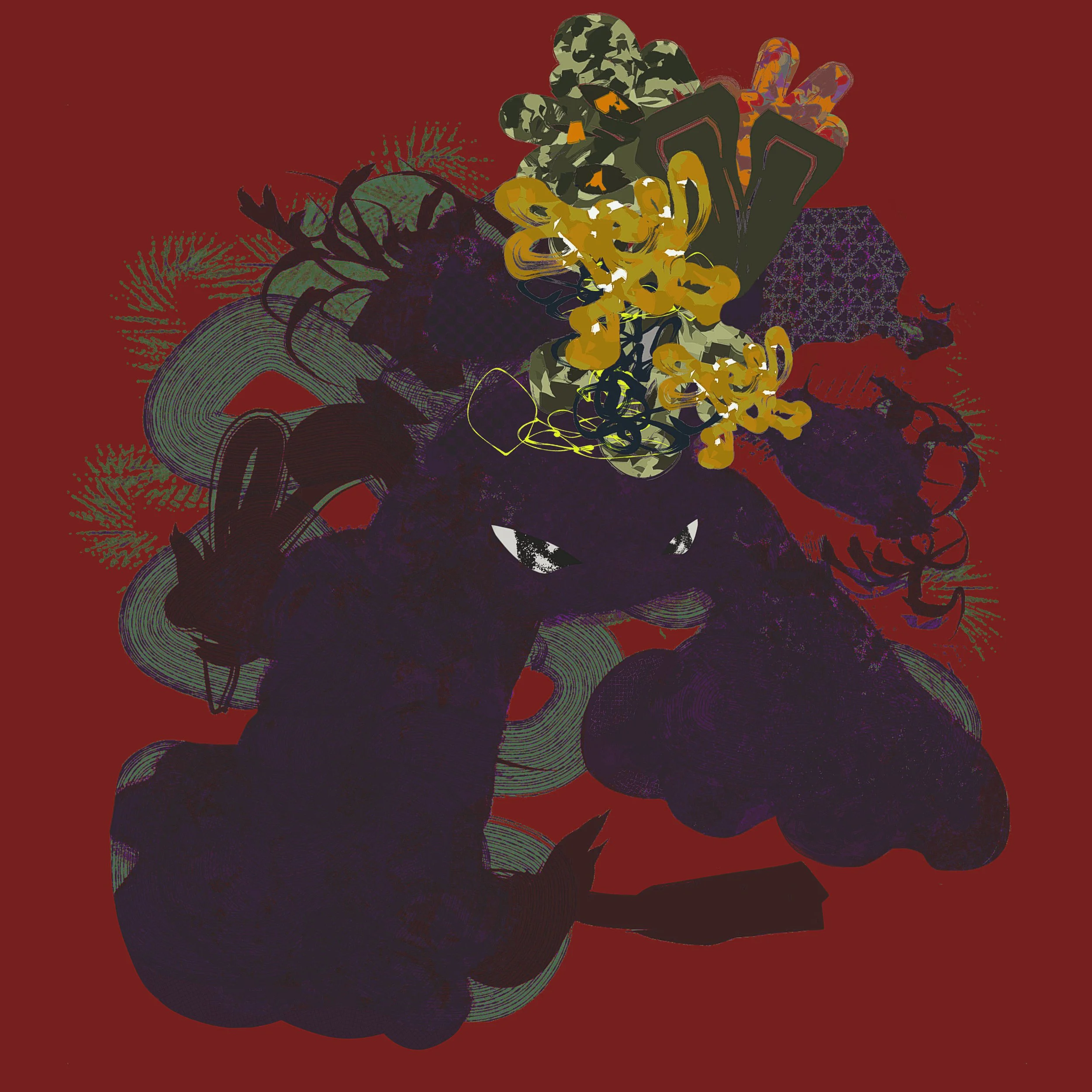 Abstract digital artwork featuring vibrant, swirling shapes and patterns in shades of yellow, purple, green, and black against a dark background with a red backdrop.