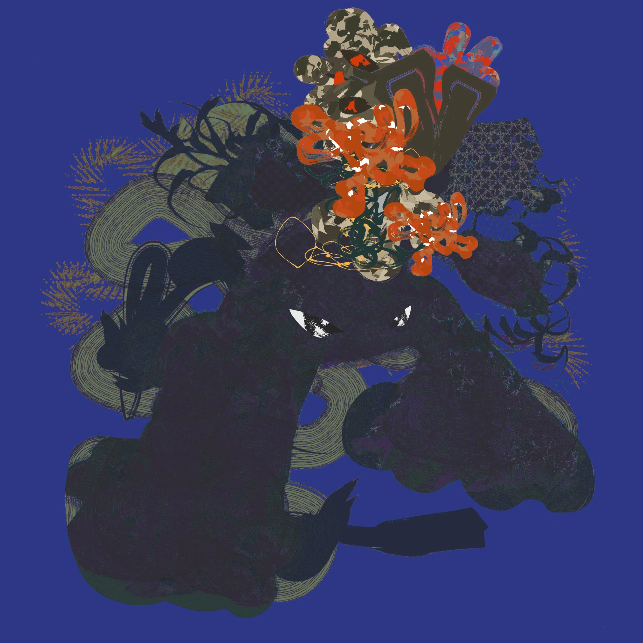 Abstract collage of various shapes, splashes, and textures in black, gray, orange, red, blue, and beige against a deep blue background.