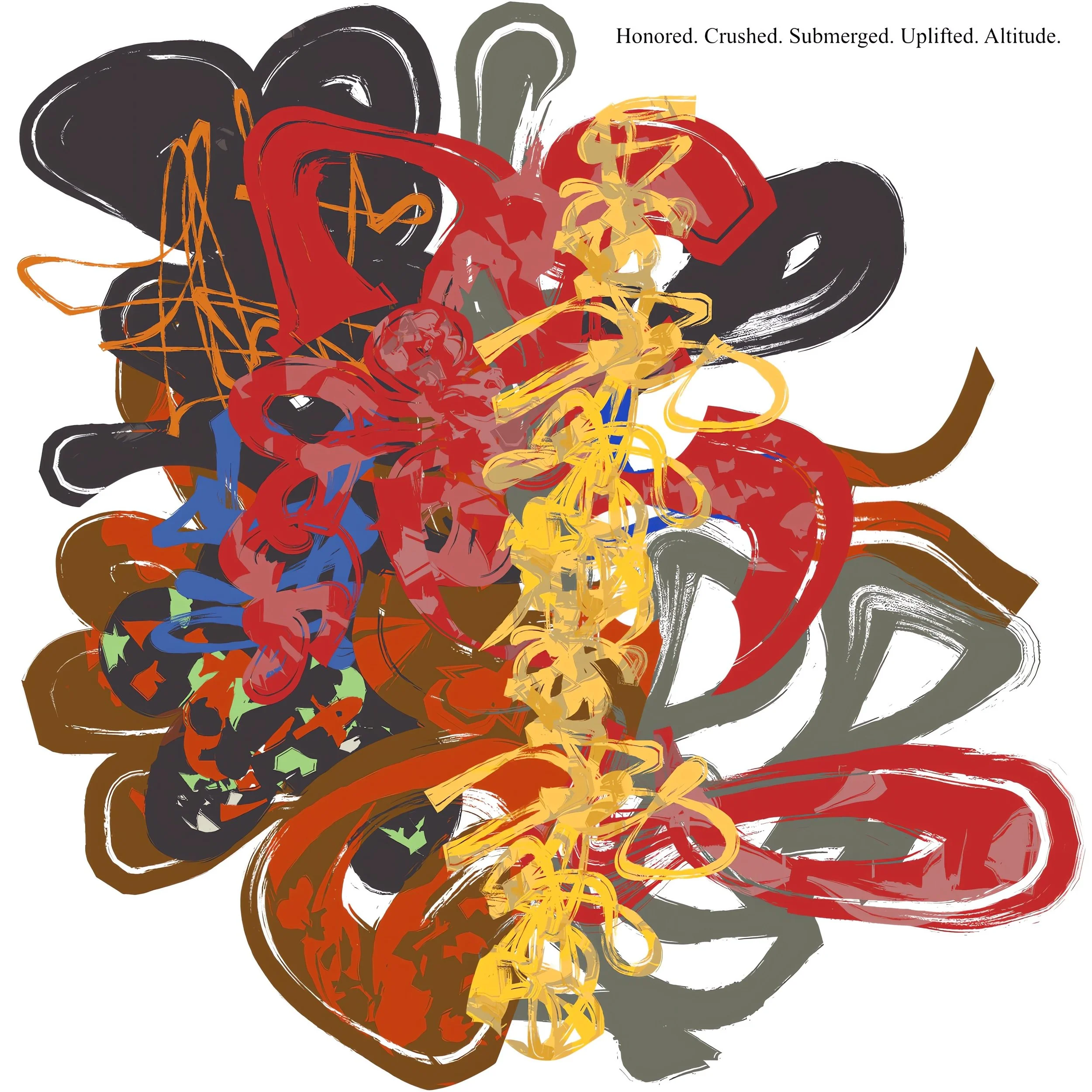 Abstract artwork with bold, vibrant colors and brushstrokes, featuring shapes in black, red, yellow, blue, green, and brown, with some white and gray accents, resembling a chaotic, expressive style.