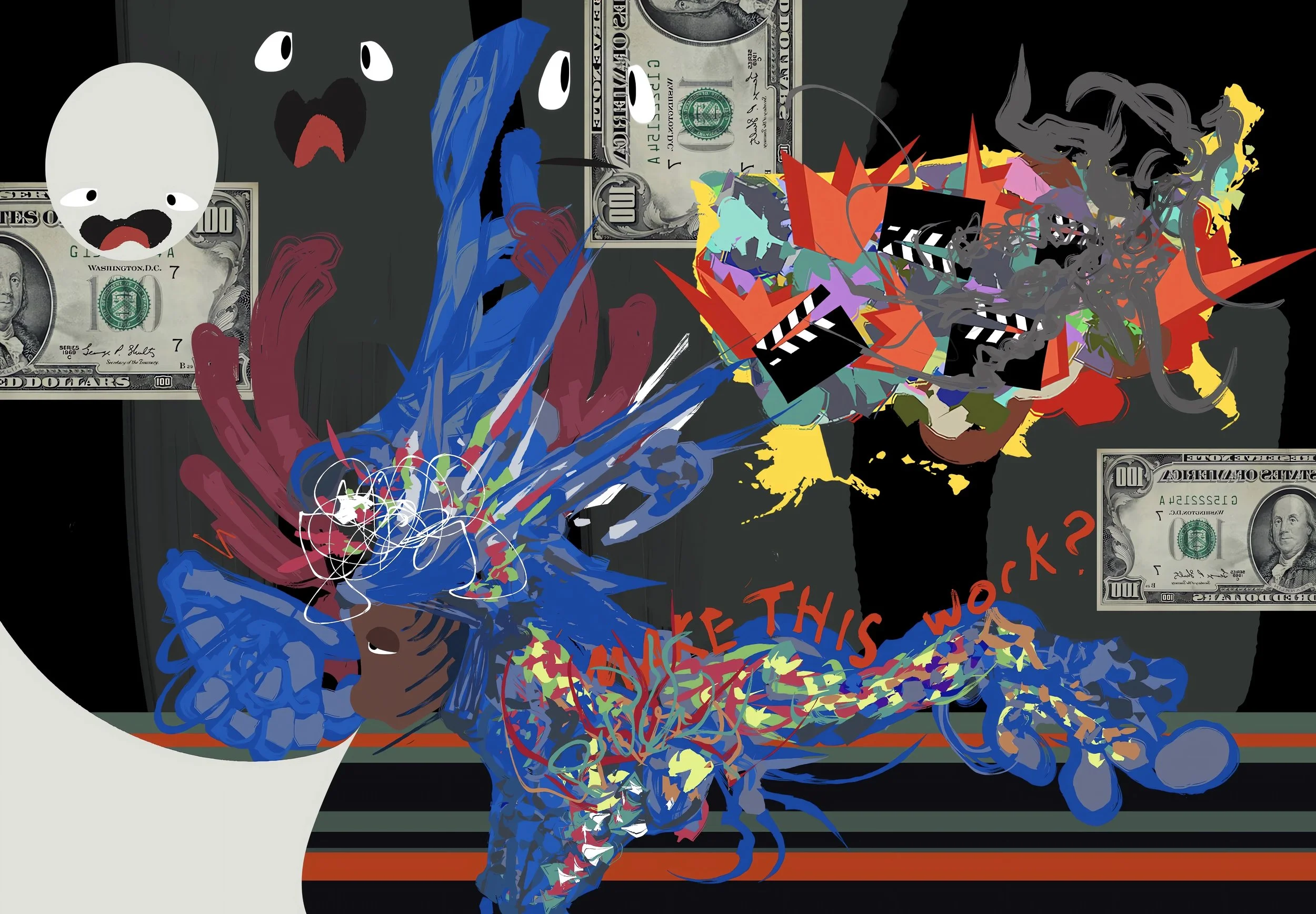 Abstract digital art featuring human profile with colorful paint splashes, dollar bills, and the text 'The ethics of...' in red.