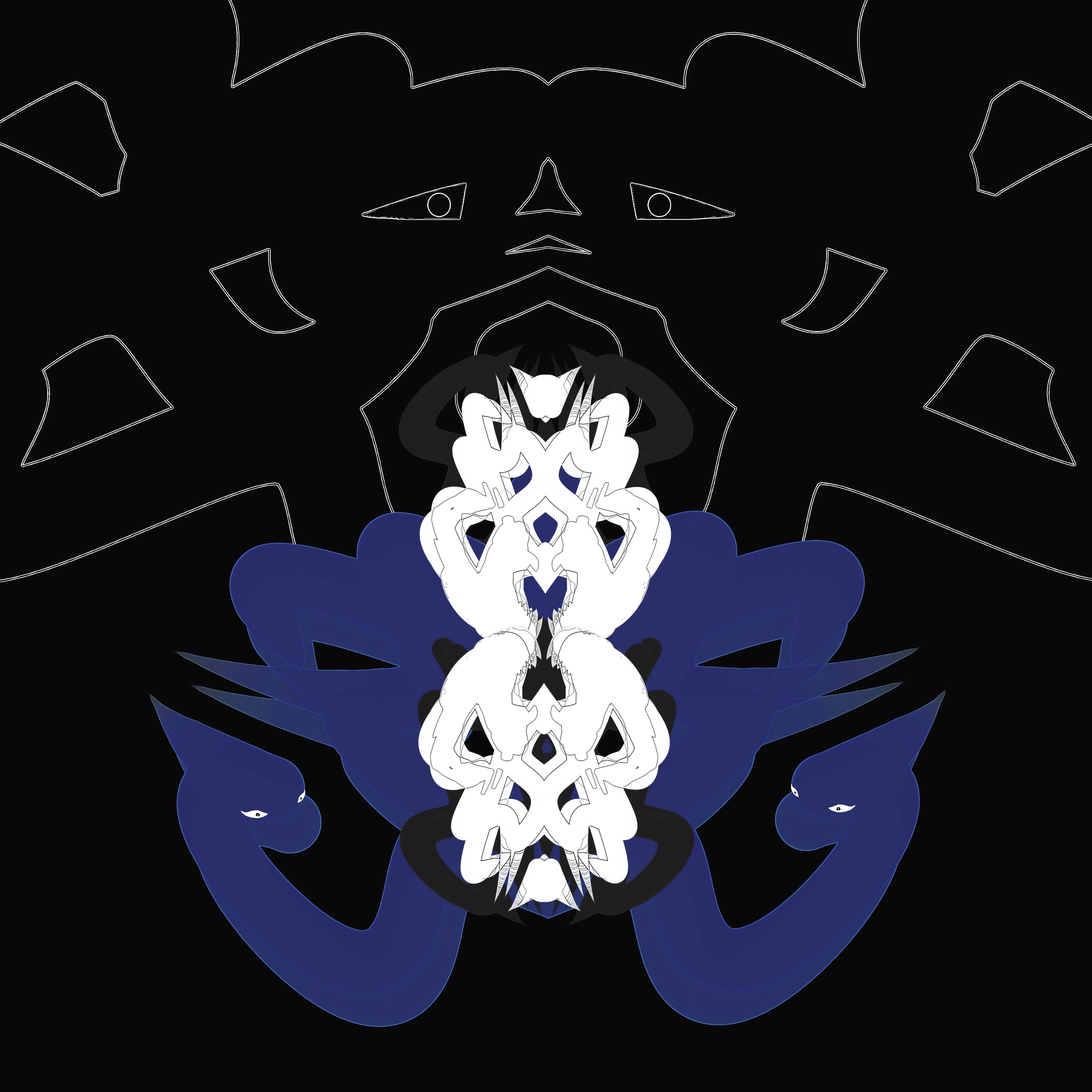 A symmetrical digital illustration featuring a central white skull with dark eye sockets, surrounded by stylized blue flames and white abstract lines on a black background.