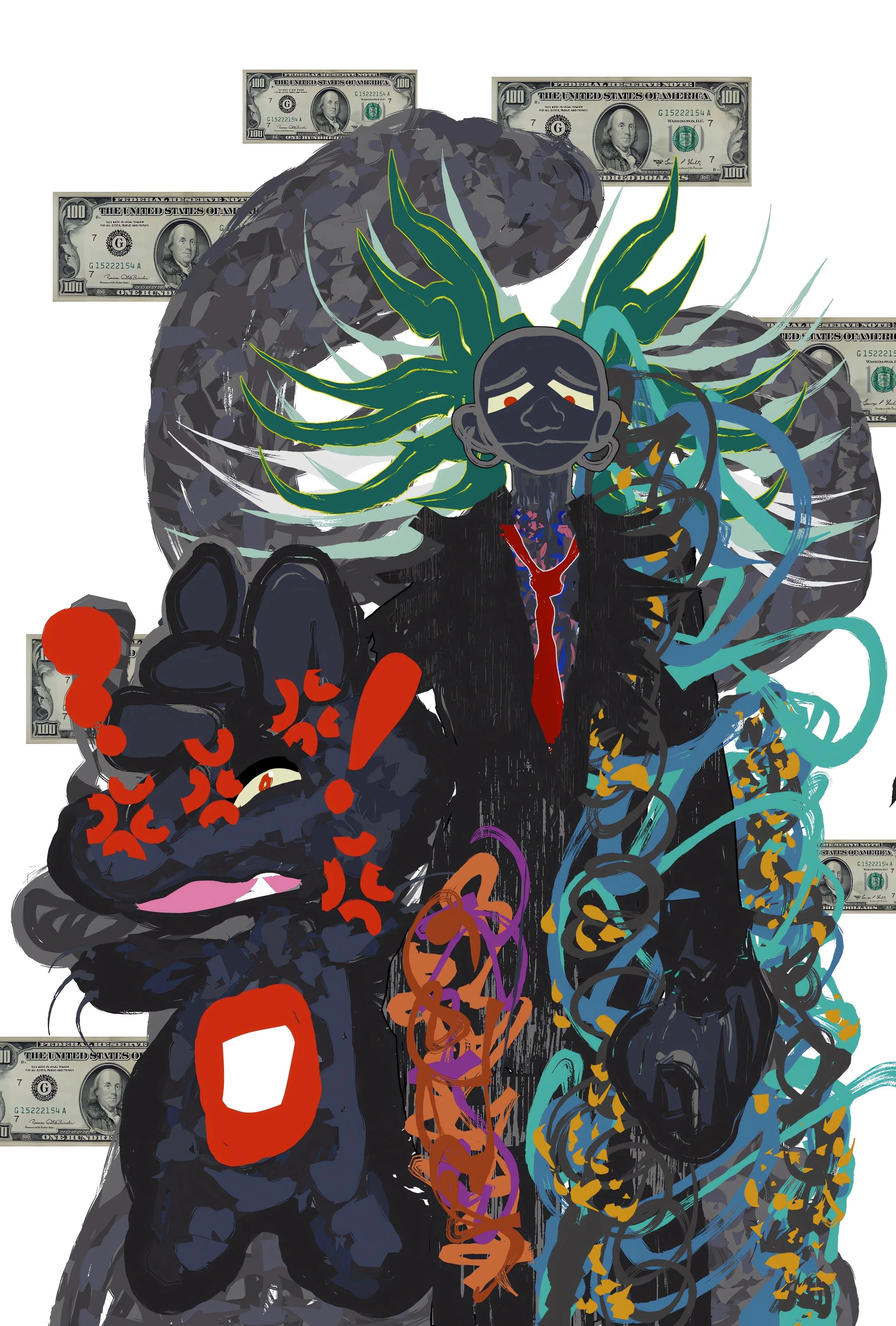 An abstract illustration of a person with long hair, featuring dollar bills in the background and various colorful, swirling elements surrounding them.