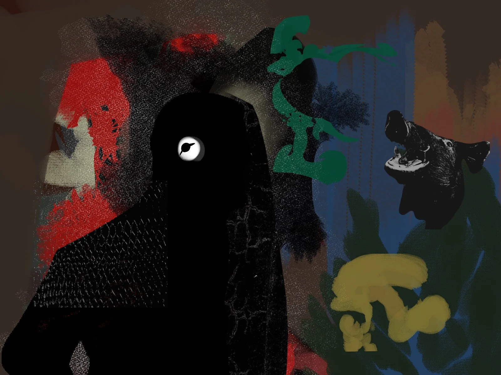 Abstract digital art featuring a dark figure with a single white eye, surrounded by a collage of animal images including a bear and a dog, with colorful shapes and textures.