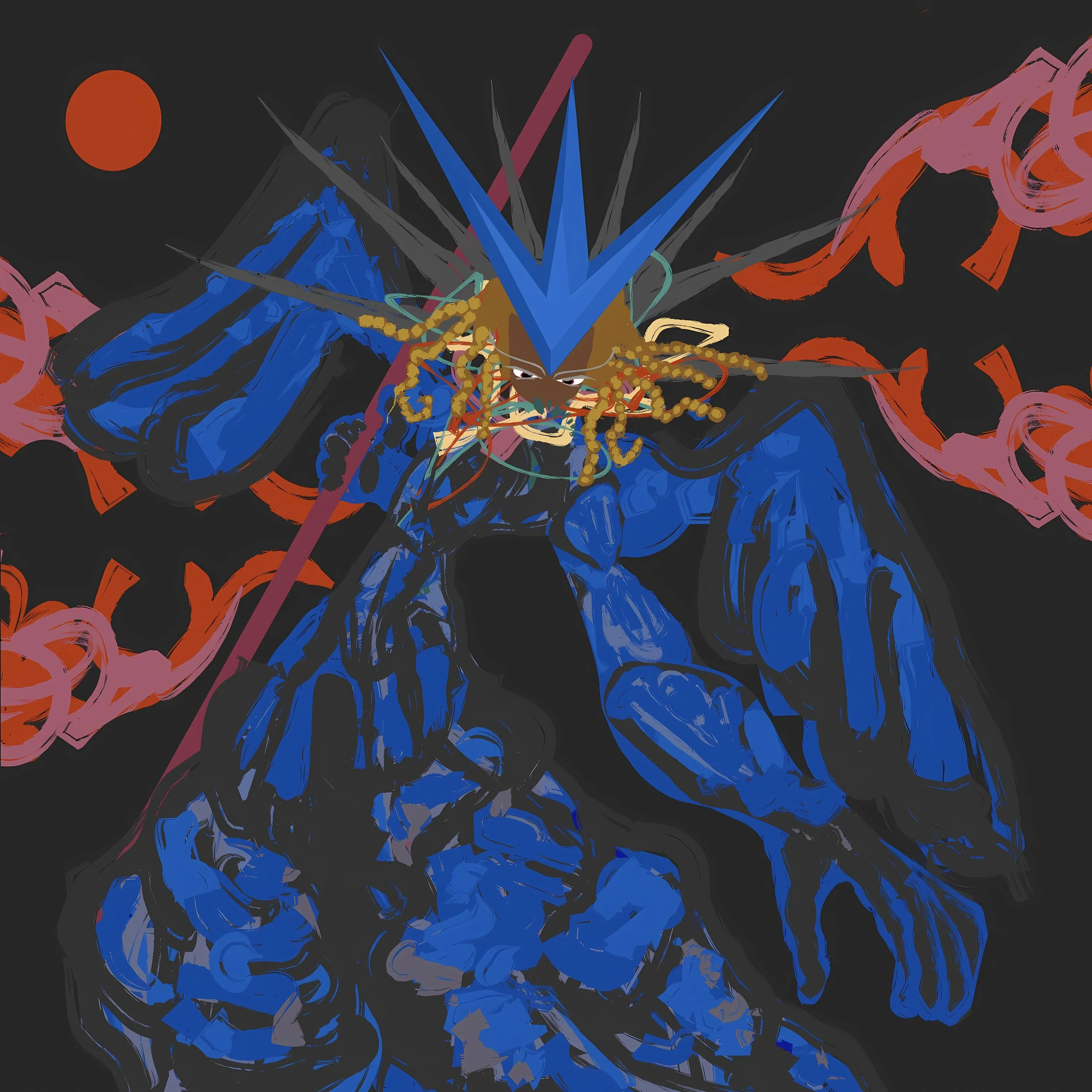 Digital illustration of a fantasy warrior with spiky blue and pink hair, wearing blue armor, holding a sword, with an orange red moon and pink swirling smoke in the background.