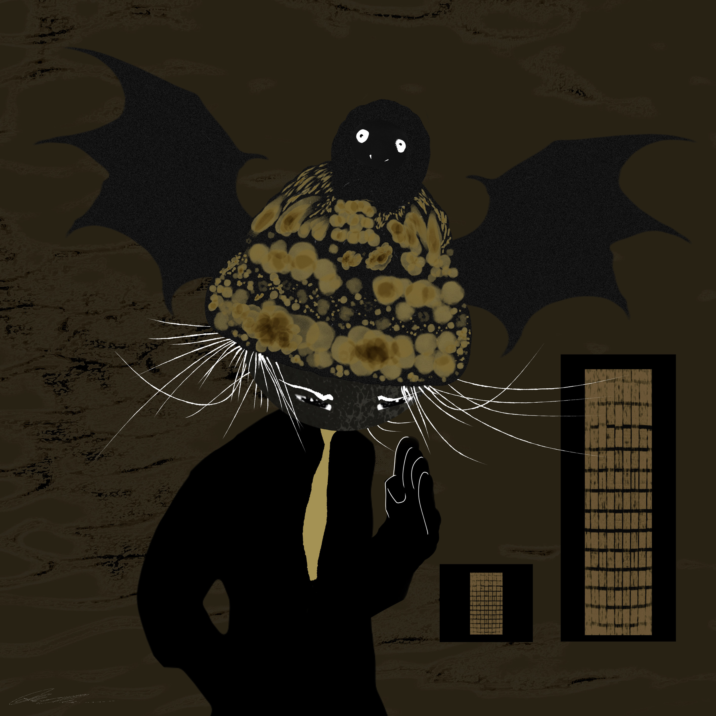 A person in a dark hoodie gesturing with a finger to their lips. They are wearing black clothing with yellow patterns and standing in front of a graphic-style background featuring bats and abstract designs.