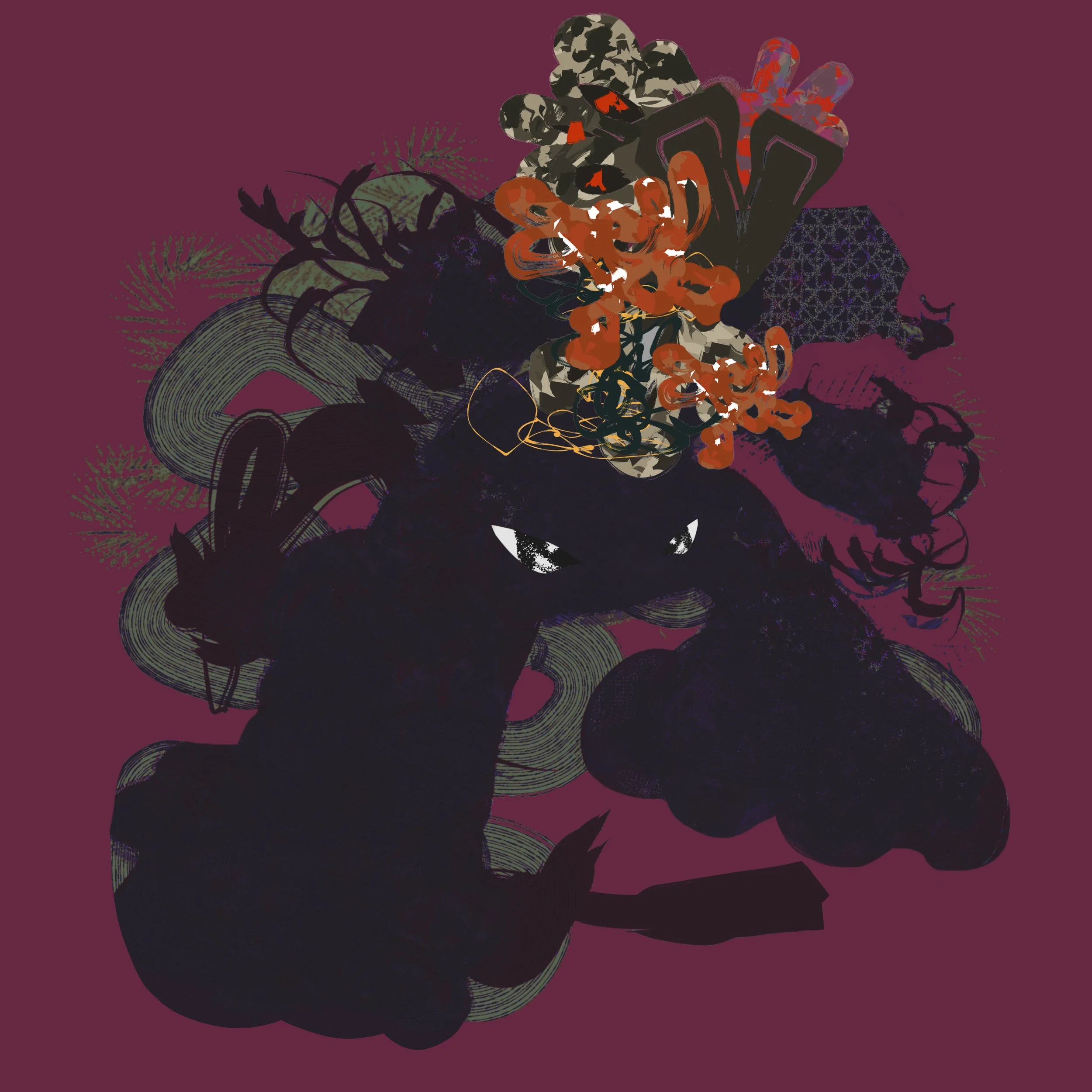Abstract digital artwork with various overlapping shapes and patterns in dark colors on a burgundy background.